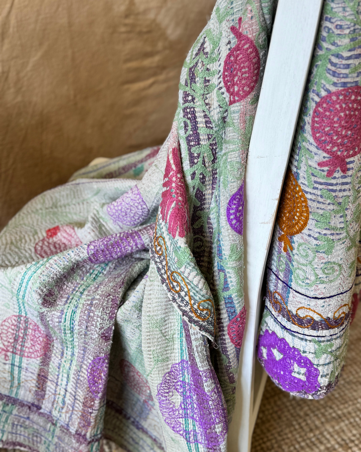 Vintage Hand-Embroidered Kantha Throw – Botanical Stripe Sari in Lilac, Green & Plum