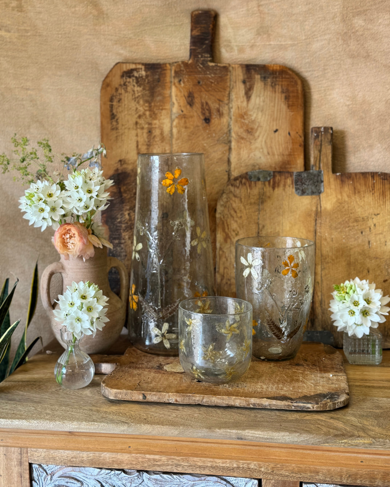 Tall Recycled Glass Vase with Pressed Flowers – 20cm