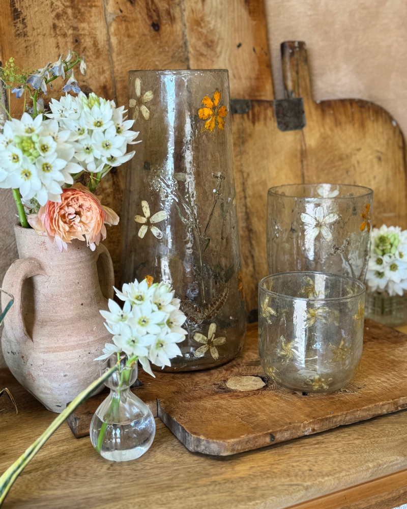 Tall Recycled Glass Vase with Pressed Wildflowers – 37cm