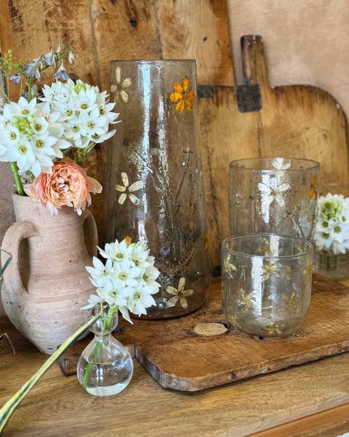 Tall Recycled Glass Vase with Pressed Wildflowers – 37cm