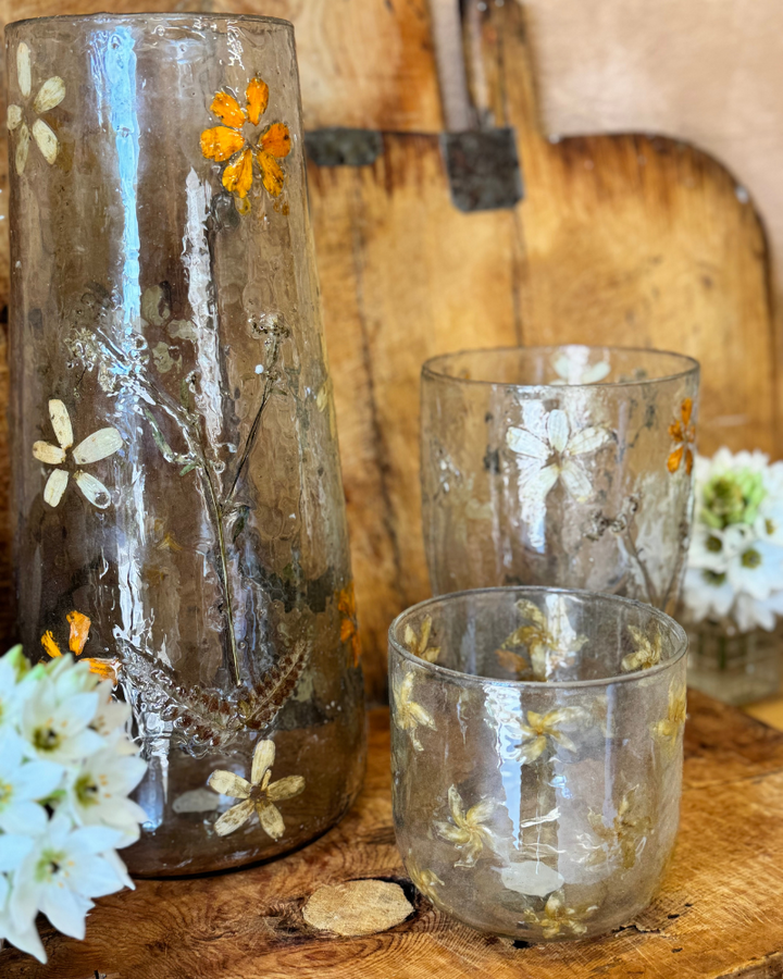 Large Recycled Glass Vase or candle holder with Pressed Flowers – 12cm