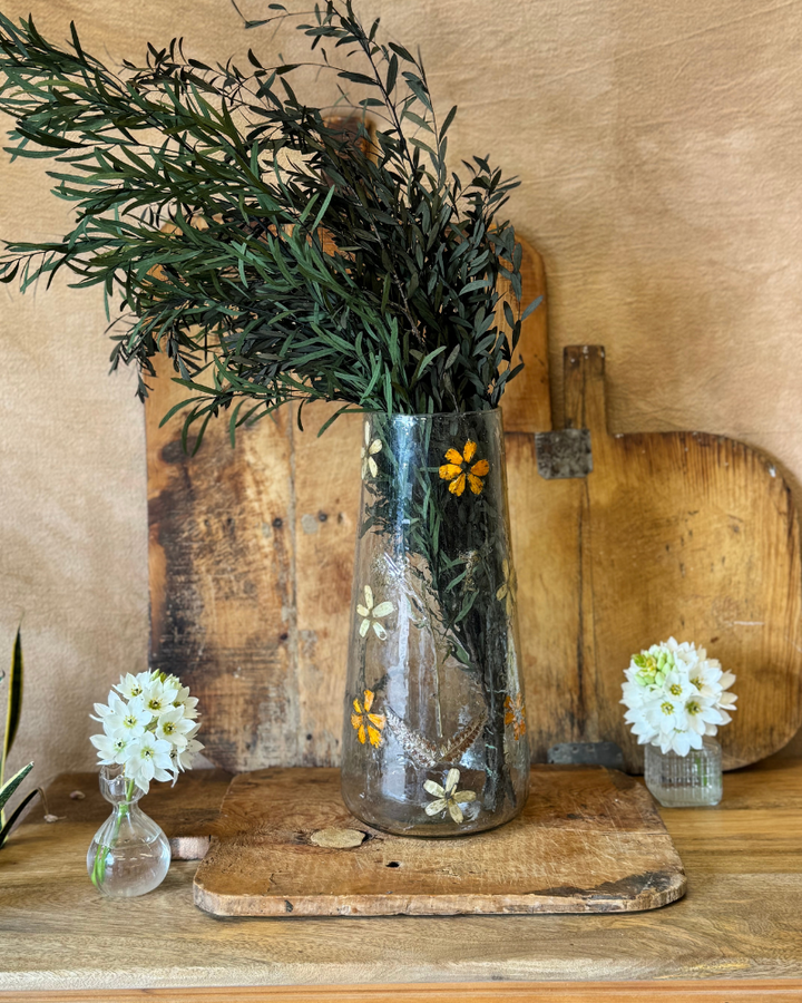 Tall Recycled Glass Vase with Pressed Wildflowers – 37cm