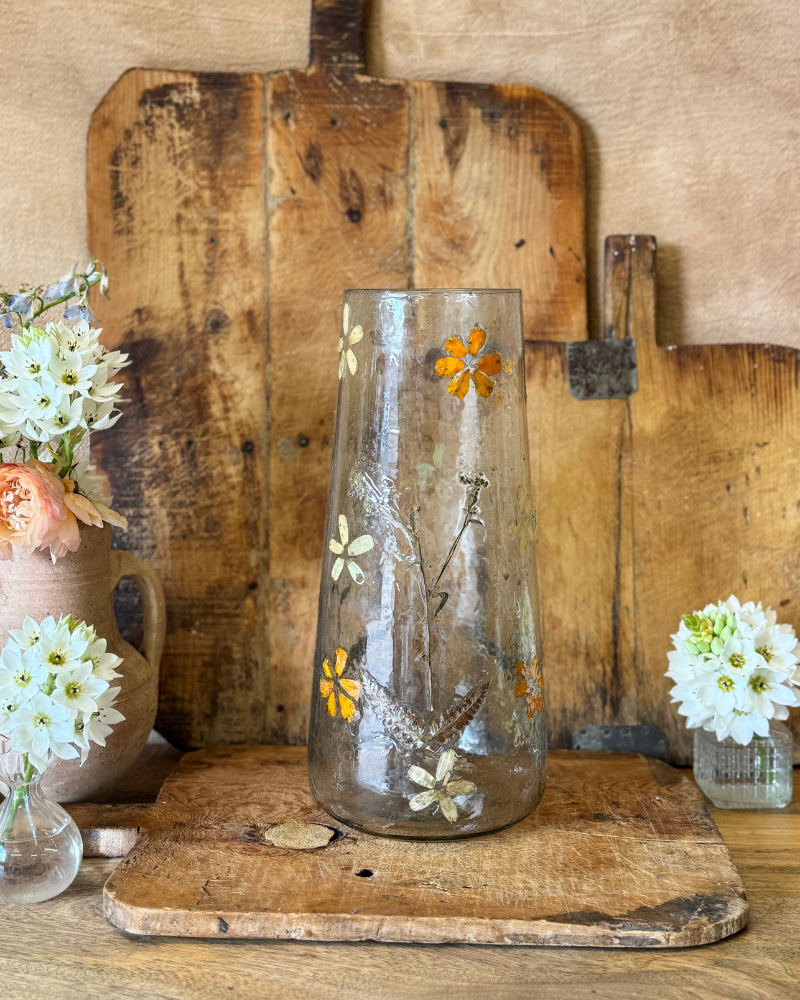 Tall Recycled Glass Vase with Pressed Wildflowers – 37cm