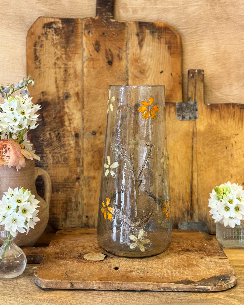Tall Recycled Glass Vase with Pressed Wildflowers – 37cm