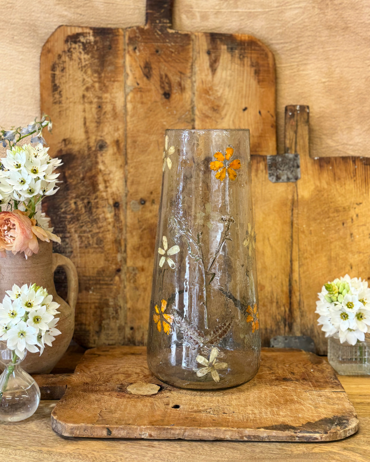 Tall Recycled Glass Vase with Pressed Wildflowers – 37cm