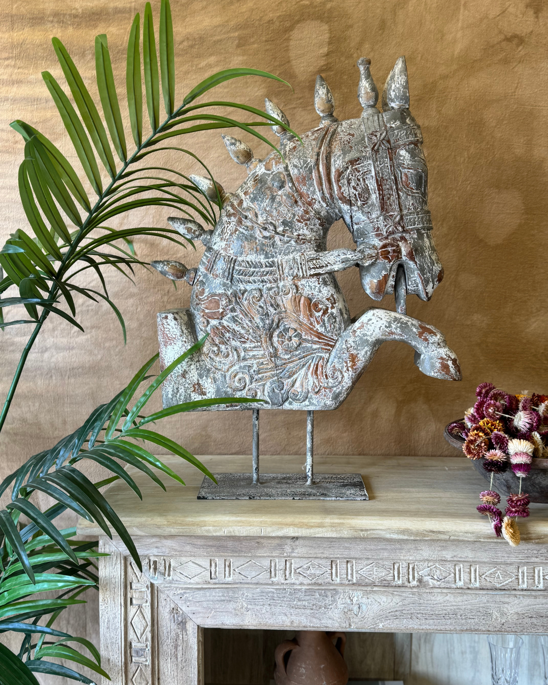Decorative Mango Wood Horse Bust on an Iron Base