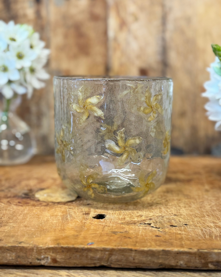 Large Recycled Glass Vase or candle holder with Pressed Flowers – 12cm