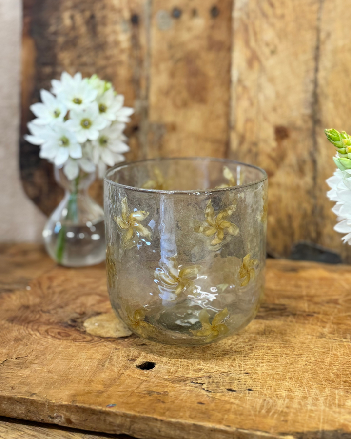 Large Recycled Glass Vase or candle holder with Pressed Flowers – 12cm