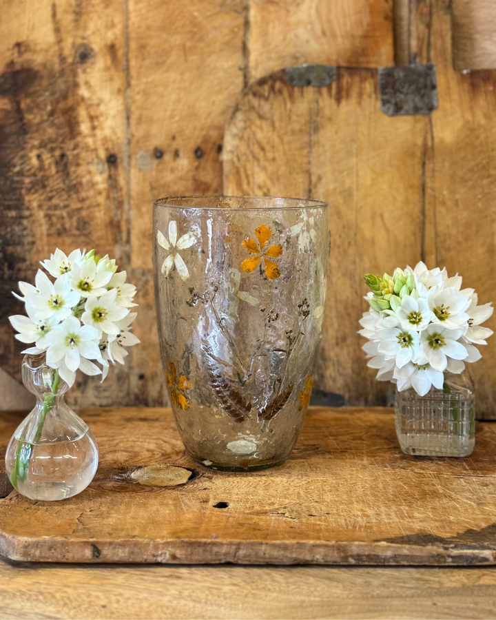 Tall Recycled Glass Vase with Pressed Flowers – 20cm