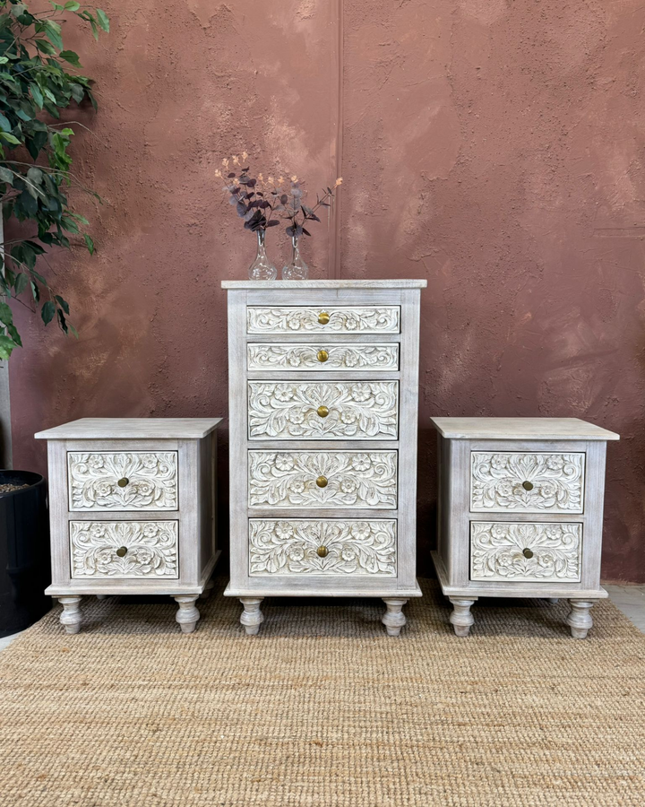 Hand-Carved Mango Wood 5-Drawer Tallboy Chest of Drawers - Whitewashed Finish
