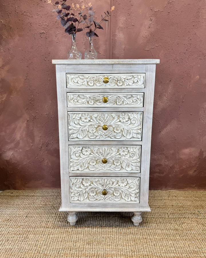 Hand-Carved Mango Wood 5-Drawer Tallboy Chest of Drawers - Whitewashed Finish