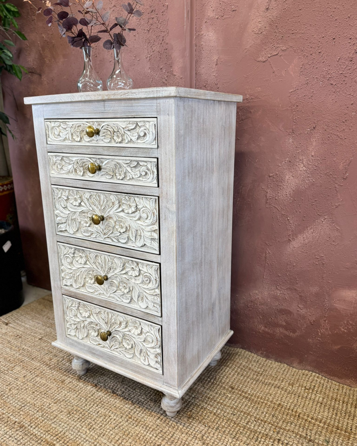 Hand-Carved Mango Wood 5-Drawer Tallboy Chest of Drawers - Whitewashed Finish