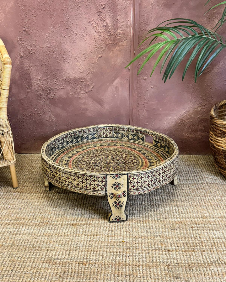 Vintage Indian Painted Grinder Chakki Coffee Table – Reclaimed & Hand-Painted