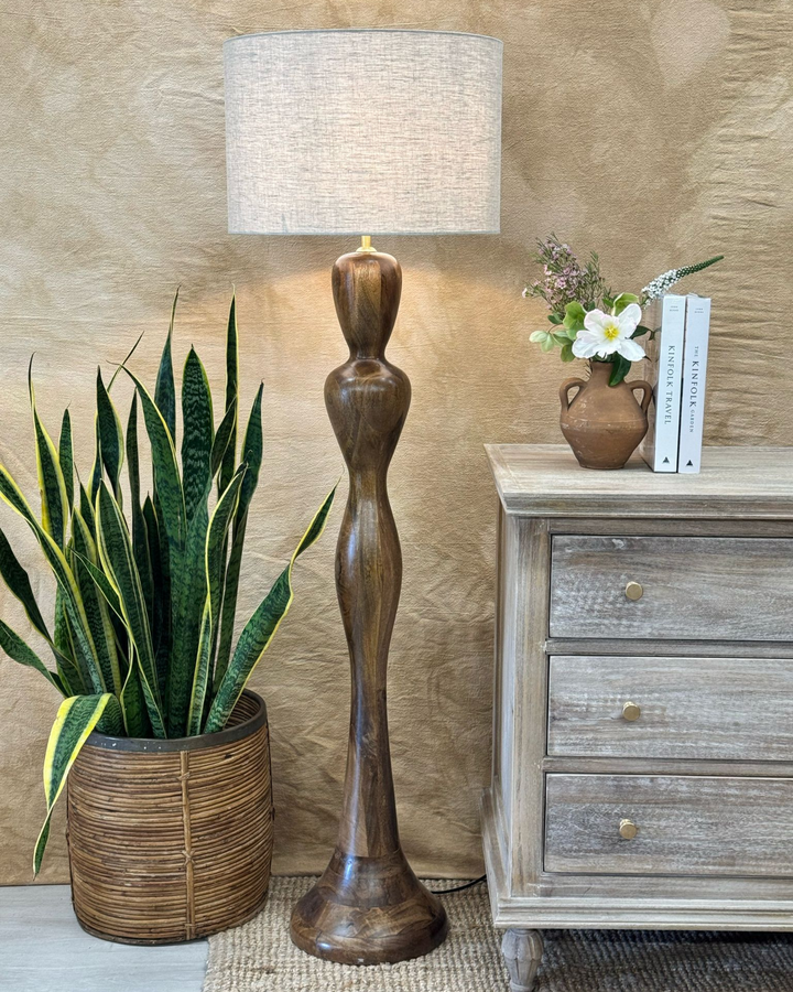 Handcrafted Mango Wood Floor Lamp with Linen Shade – Polished Finish