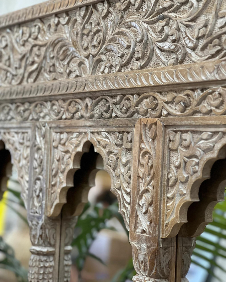 Hand-Carved Mango Wood Mirror – 3 Arch Indian Design