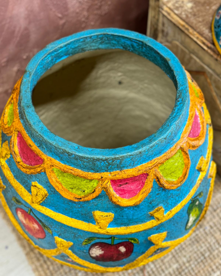 Handcrafted Indian Papier-Mâché Decorative Pot with Lid – Vibrant Floral and Fruit Motif