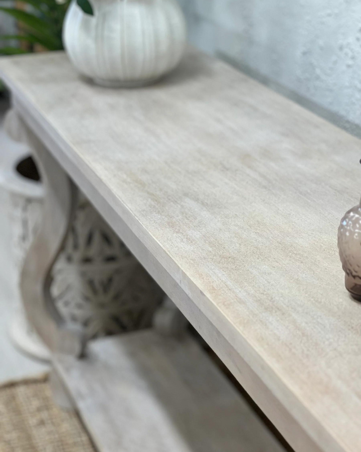 Hand-Carved Cream Mango Wood Console Table