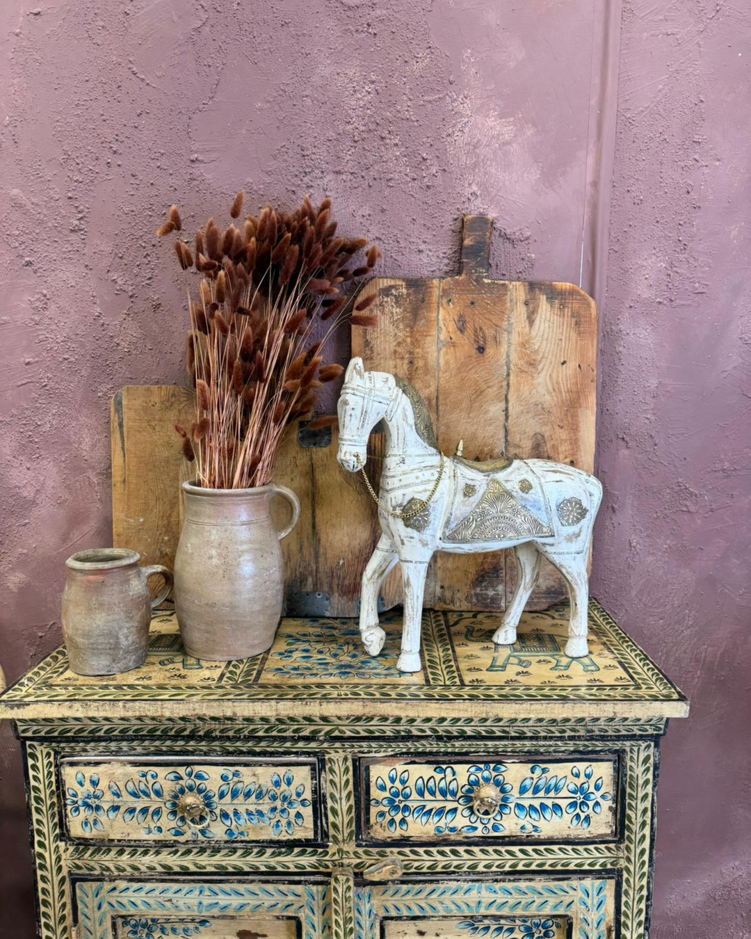 White Hand-Painted & Hand-Carved Mango Wood Horse with Brass Detailing