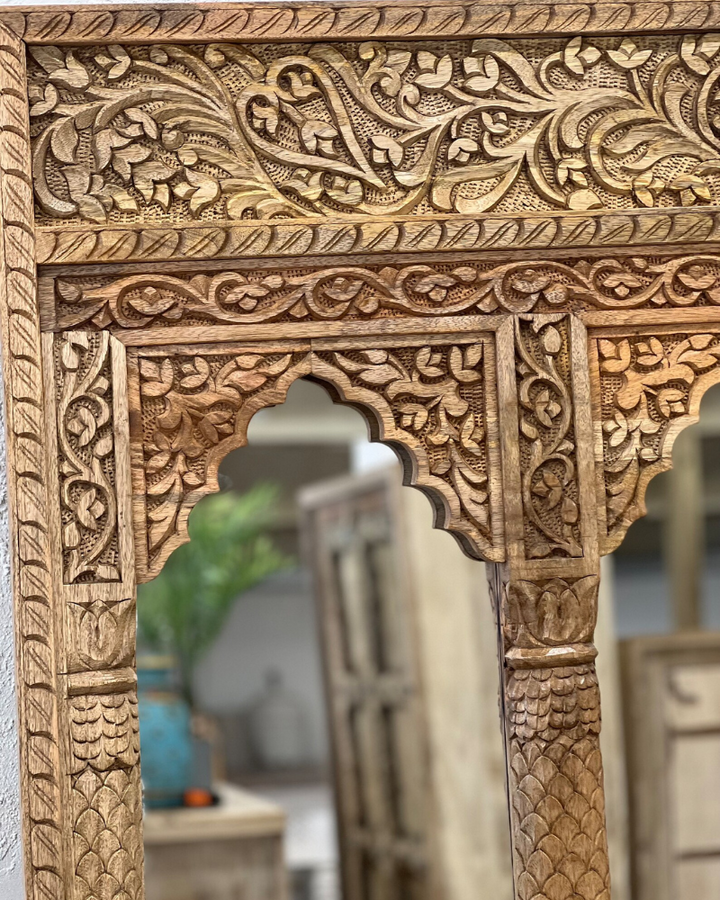 Hand-Carved Mango Wood Mirror – 3 Arch Indian Design