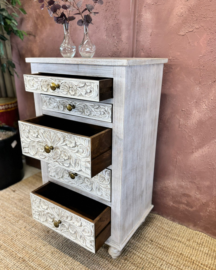 Hand-Carved Mango Wood 5-Drawer Tallboy Chest of Drawers - Whitewashed Finish