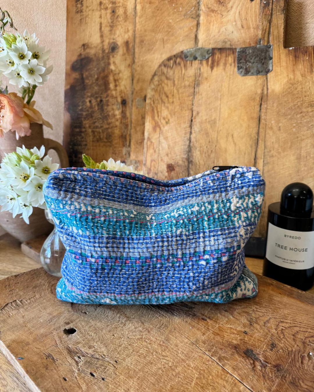 Medium Kantha Sari Wash Bag – Indigo & Teal Geometric Stitch