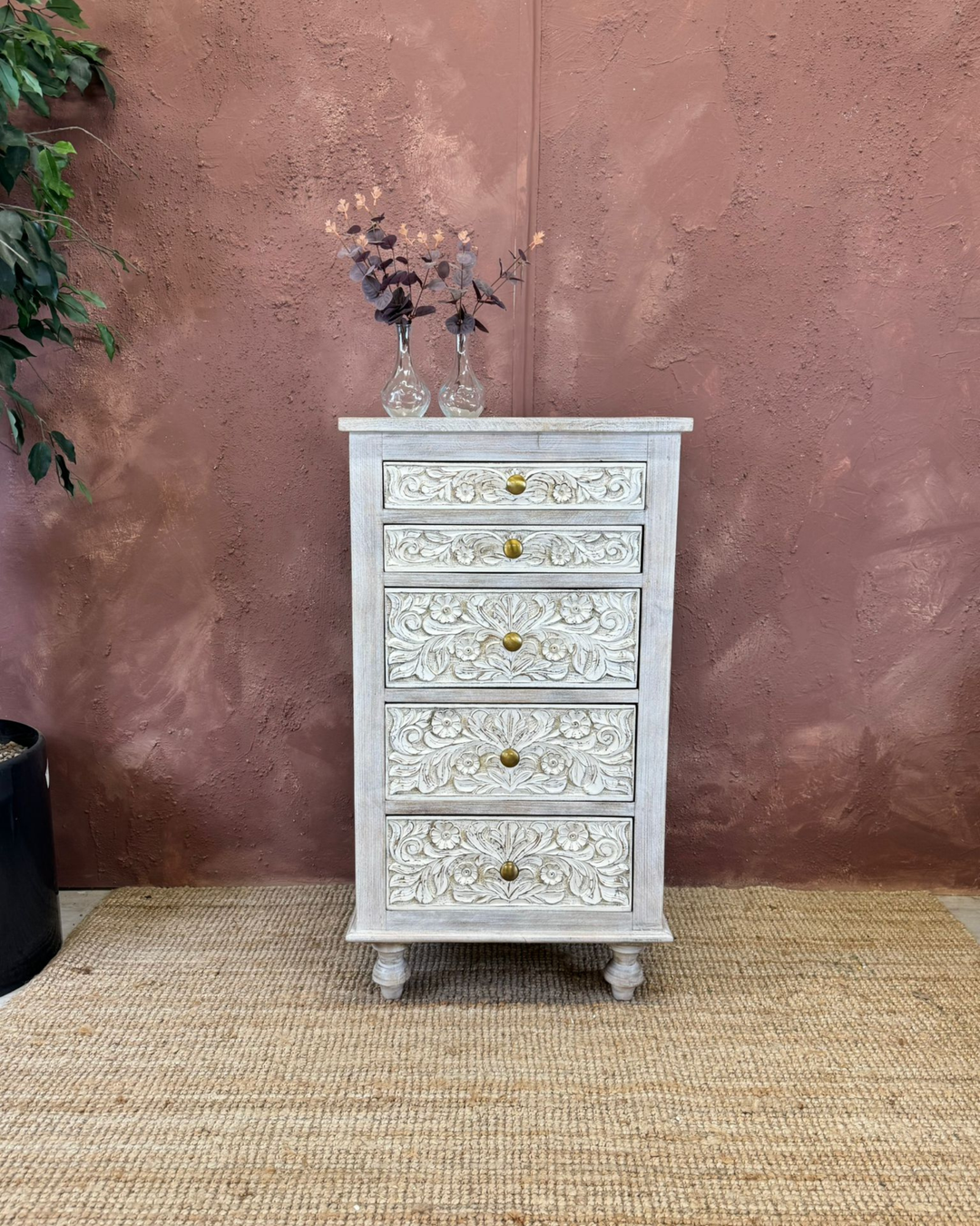 Hand-Carved Mango Wood 5-Drawer Tallboy Chest of Drawers - Whitewashed Finish