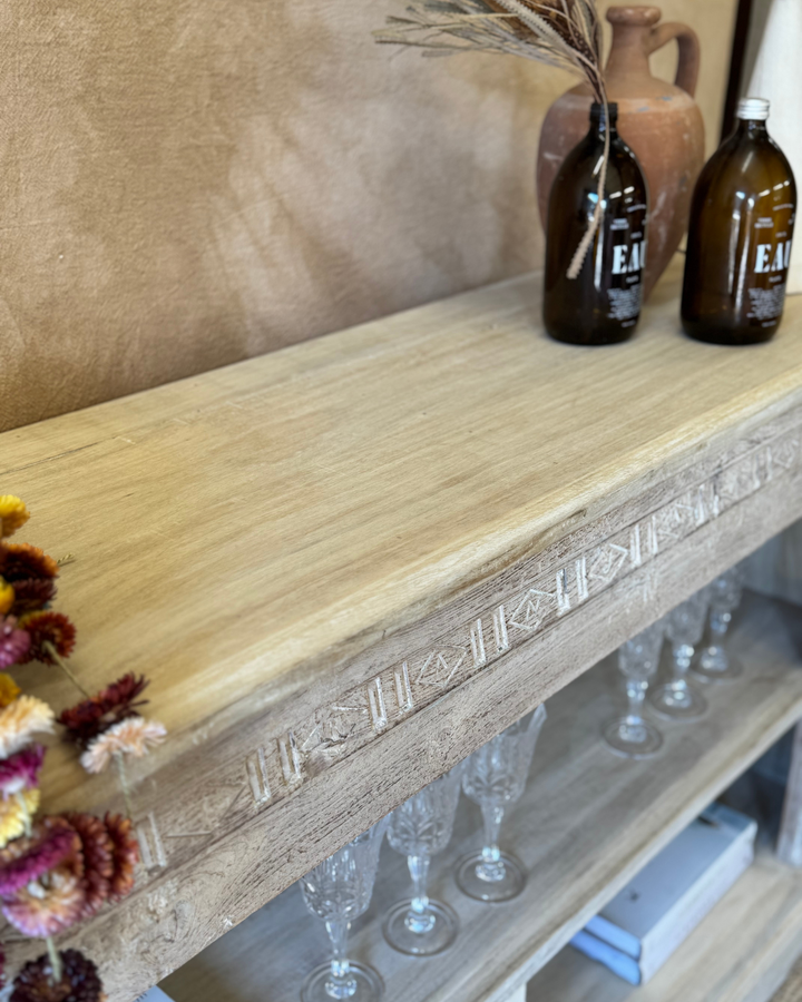 Hand-Carved Recycled Teak Console Table – Natural Finish with Shelving