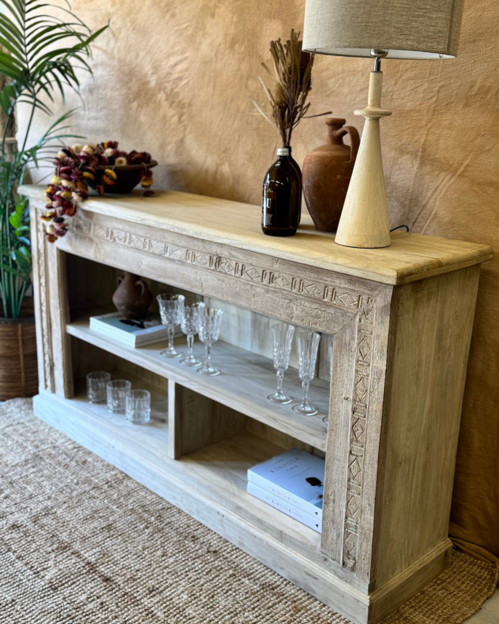 Hand-Carved Recycled Teak Console Table – Natural Finish with Shelving