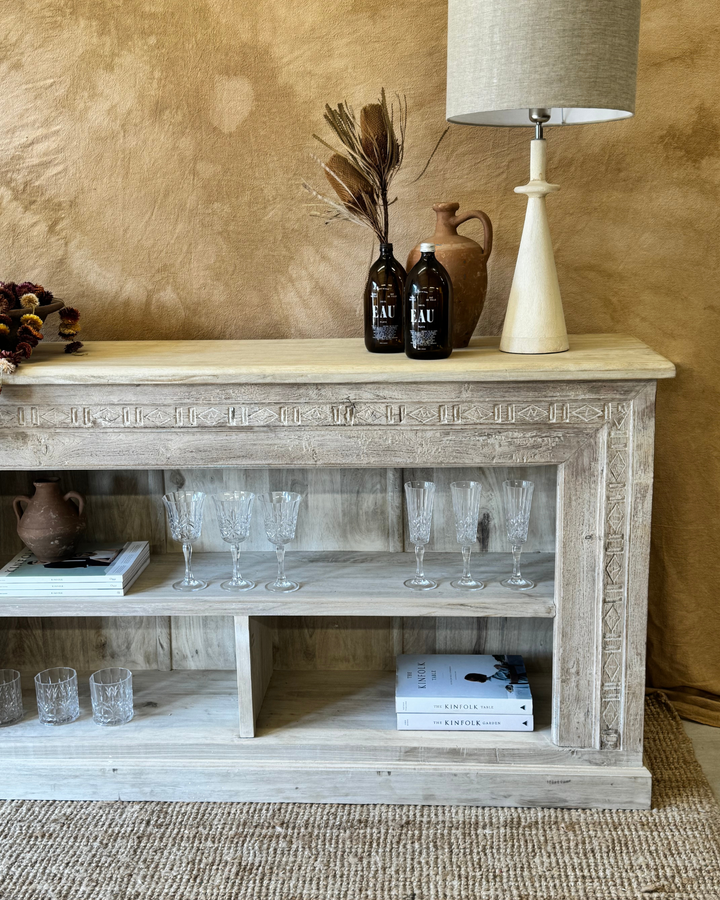 Hand-Carved Recycled Teak Console Table – Natural Finish with Shelving