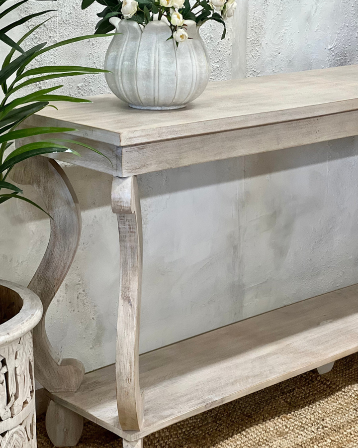 Hand-Carved Cream Mango Wood Console Table