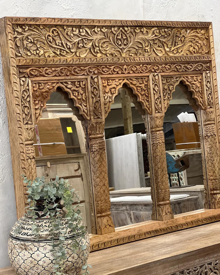 Hand-Carved Mango Wood Mirror – 3 Arch Indian Design