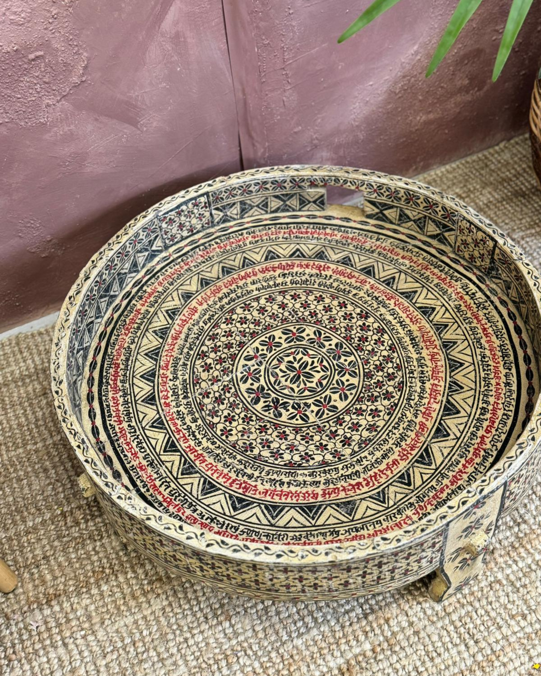 Vintage Indian Painted Grinder Chakki Coffee Table – Reclaimed & Hand-Painted