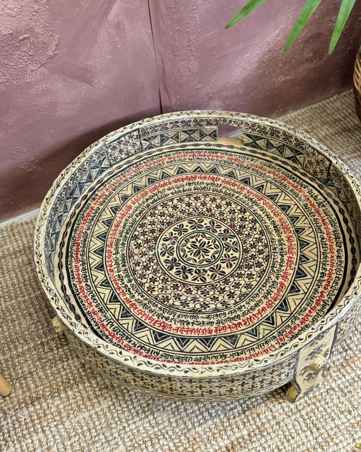 Vintage Indian Painted Grinder Chakki Coffee Table – Reclaimed & Hand-Painted
