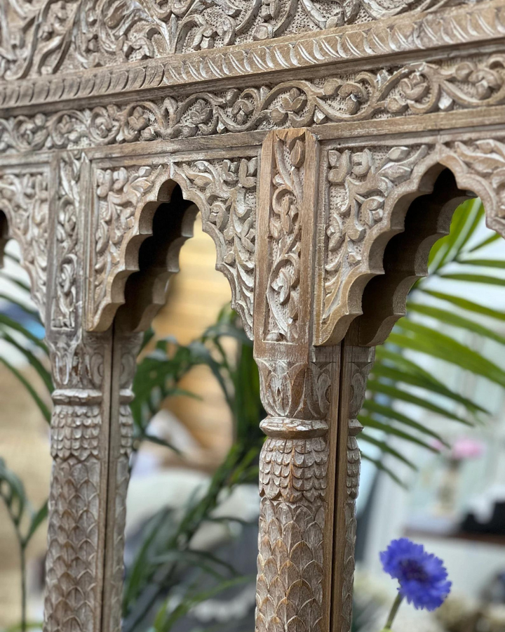 Hand-Carved Mango Wood Mirror – 3 Arch Indian Design