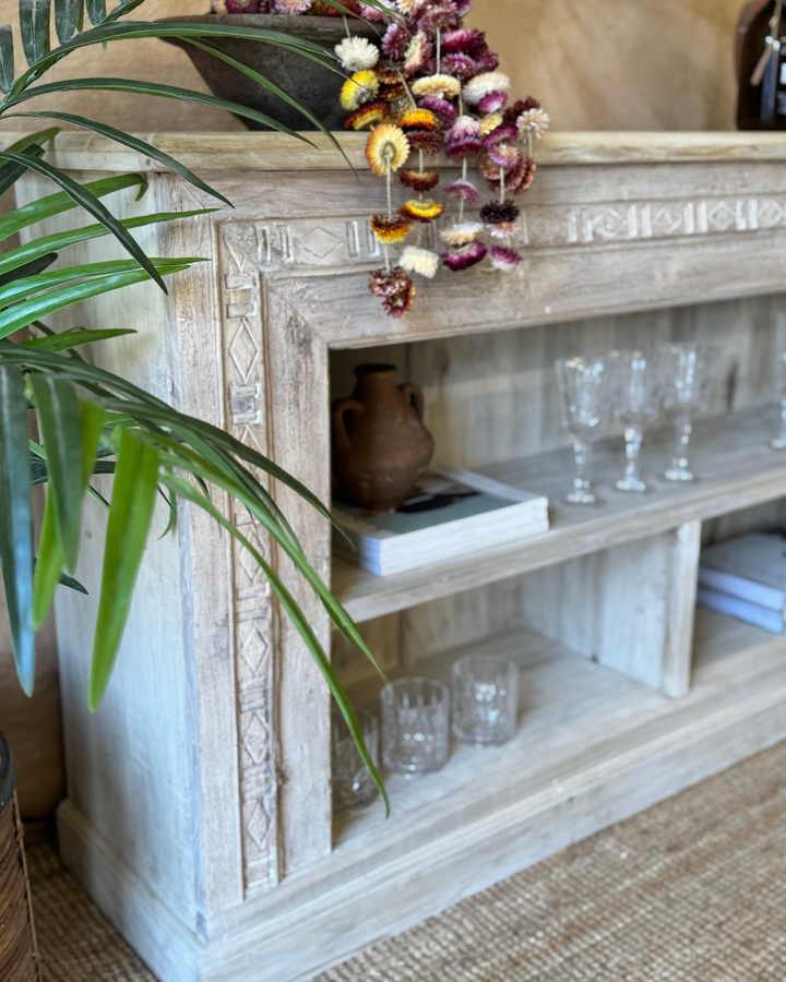 Hand-Carved Recycled Teak Console Table – Natural Finish with Shelving