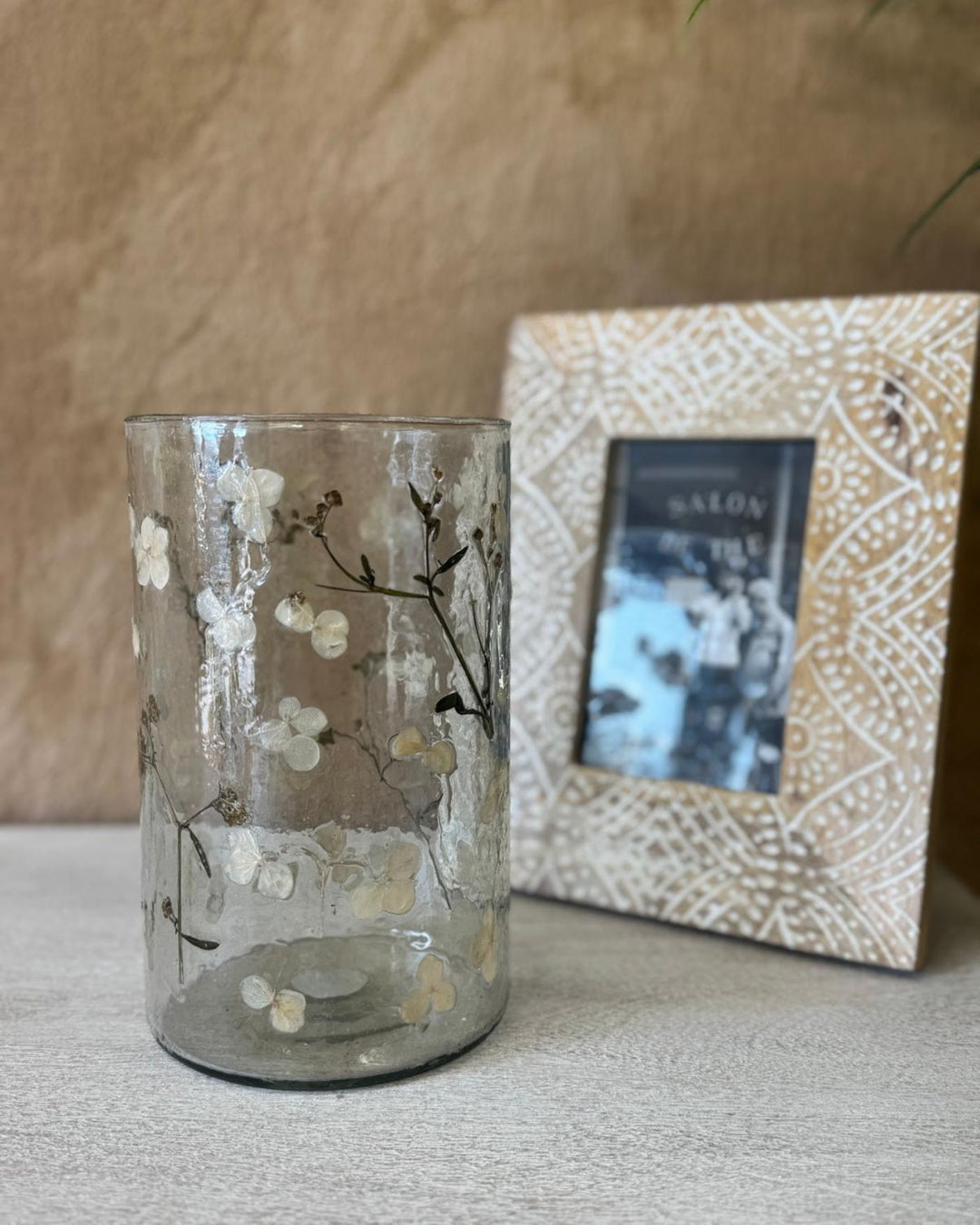 Tall Hand-Blown Recycled Glass Vase – Pressed Flower Detailing