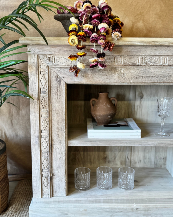 Hand-Carved Recycled Teak Console Table – Natural Finish with Shelving