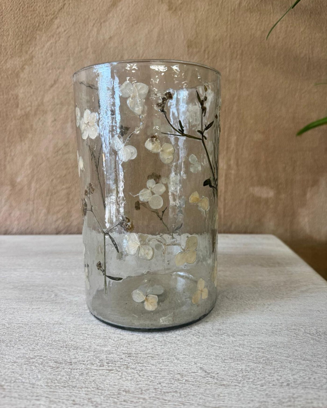 Tall Hand-Blown Recycled Glass Vase – Pressed Flower Detailing