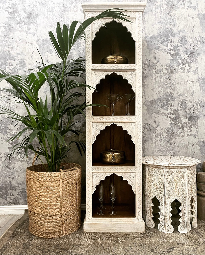 Hand-Carved Mango Wood Bookcase – Whitewashed Finish with Four Arched Display Shelves
