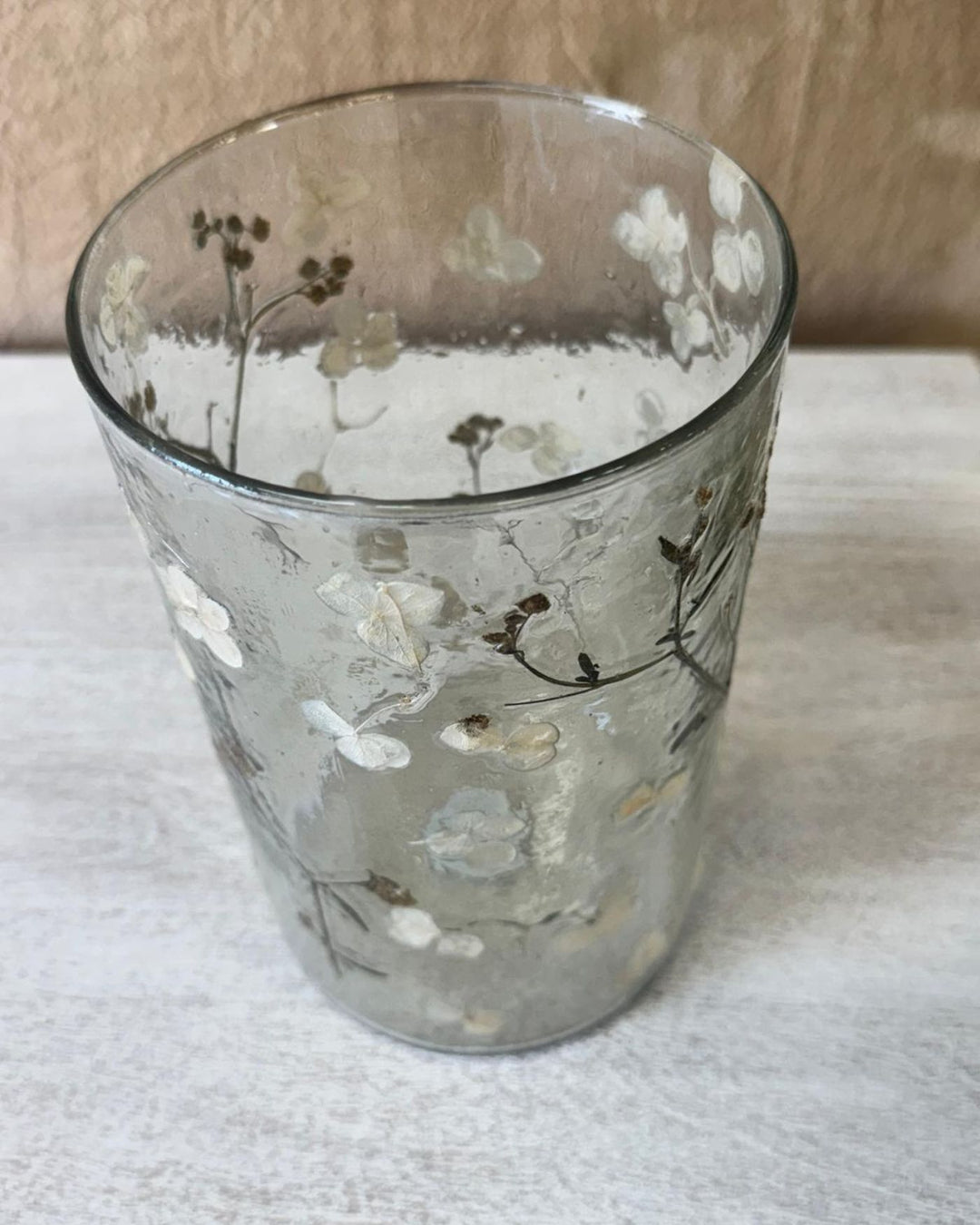 Tall Hand-Blown Recycled Glass Vase – Pressed Flower Detailing