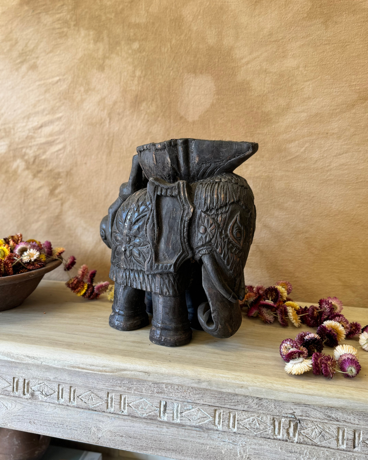 Hand-Carved Vintage Elephant Planter – Dark Finish with Upside-Down Figure Handle