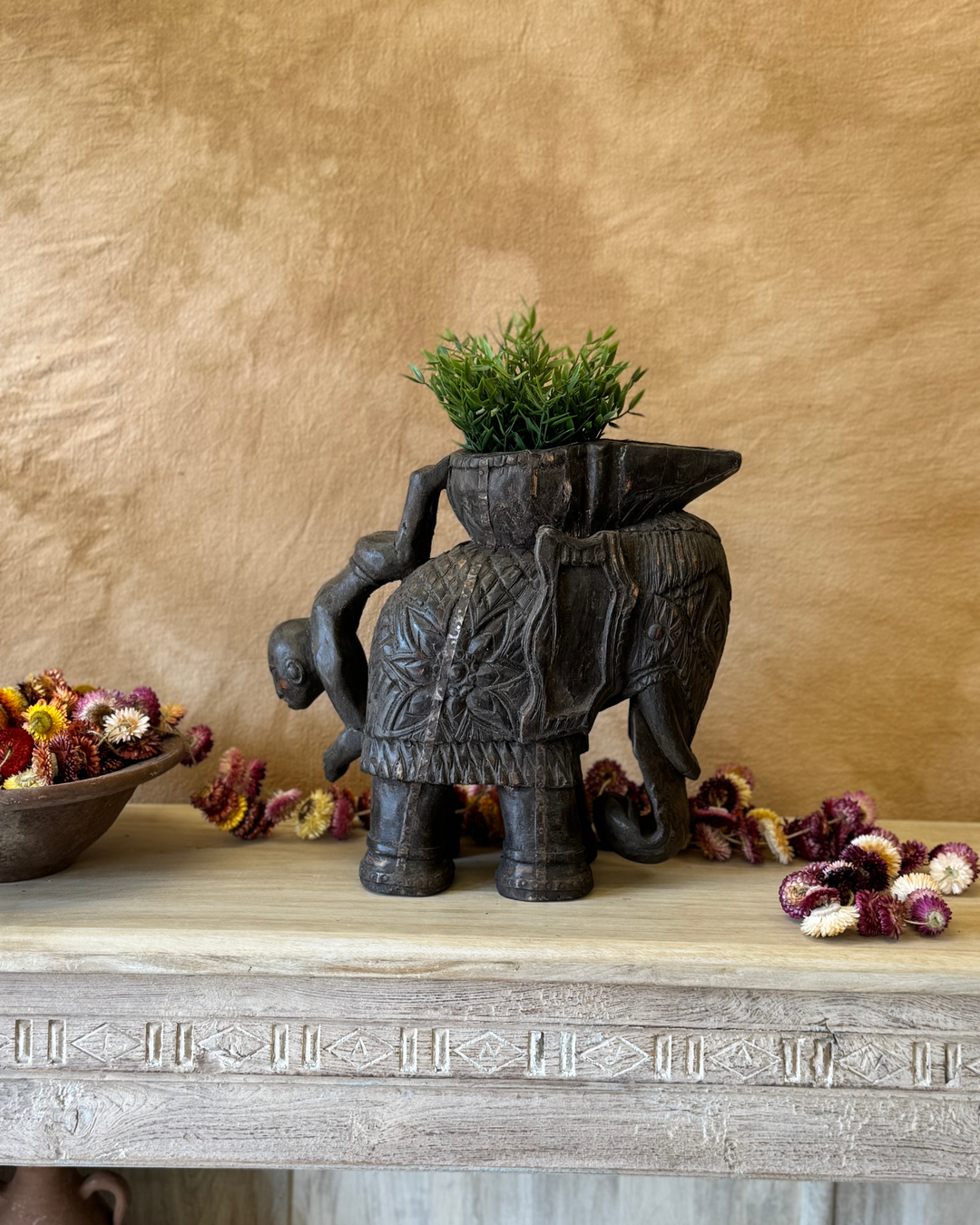 Hand-Carved Vintage Elephant Planter – Dark Finish with Upside-Down Figure Handle