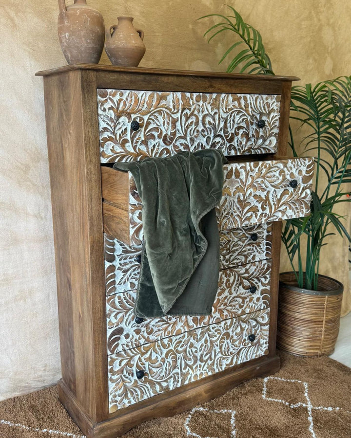 Hand-Carved Mango Wood Chest of Drawers – 5 Drawer Tallboy