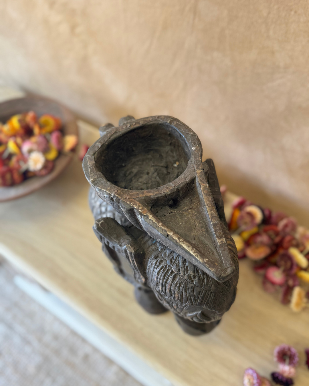 Hand-Carved Vintage Elephant Planter – Dark Finish with Upside-Down Figure Handle