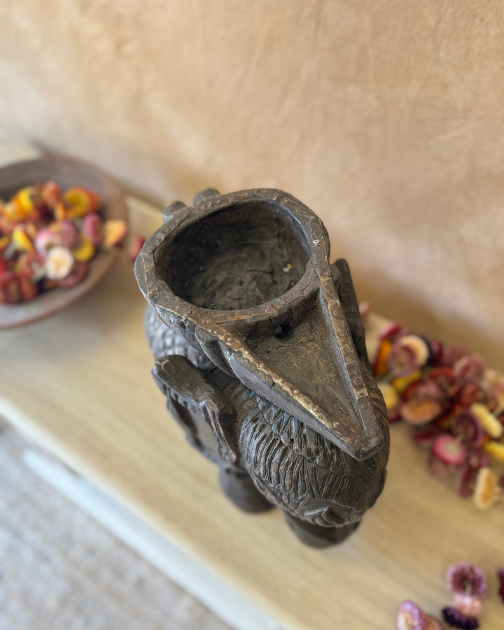 Hand-Carved Vintage Elephant Planter – Dark Finish with Upside-Down Figure Handle