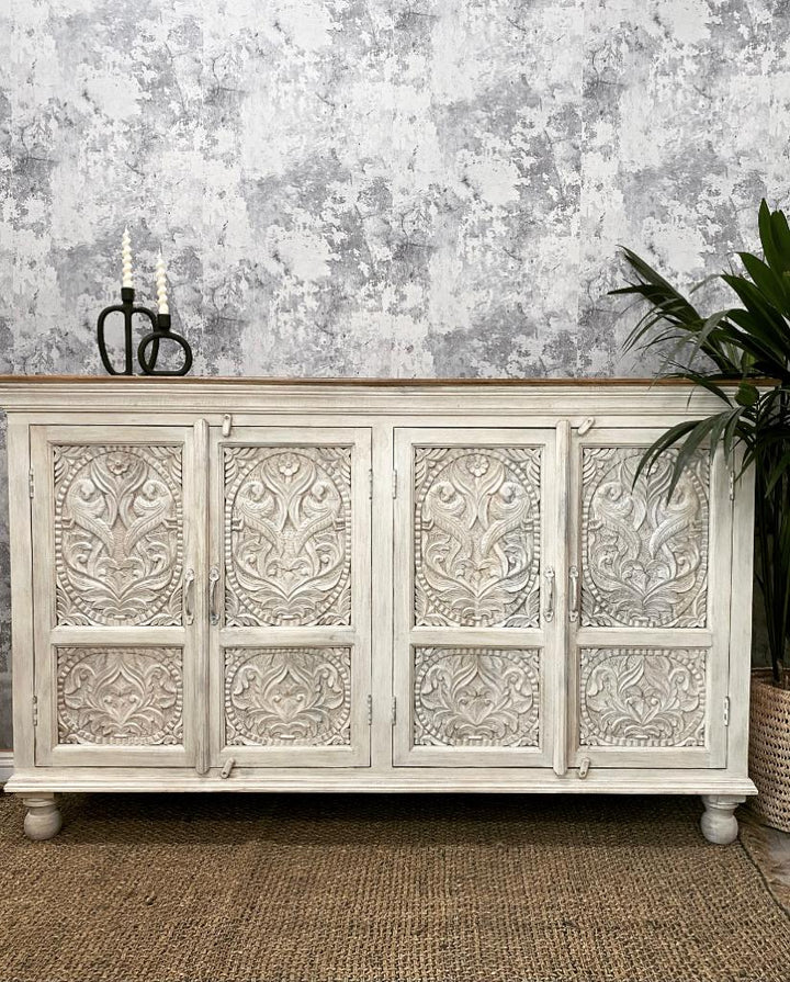 Four door carved sideboard whitewashed