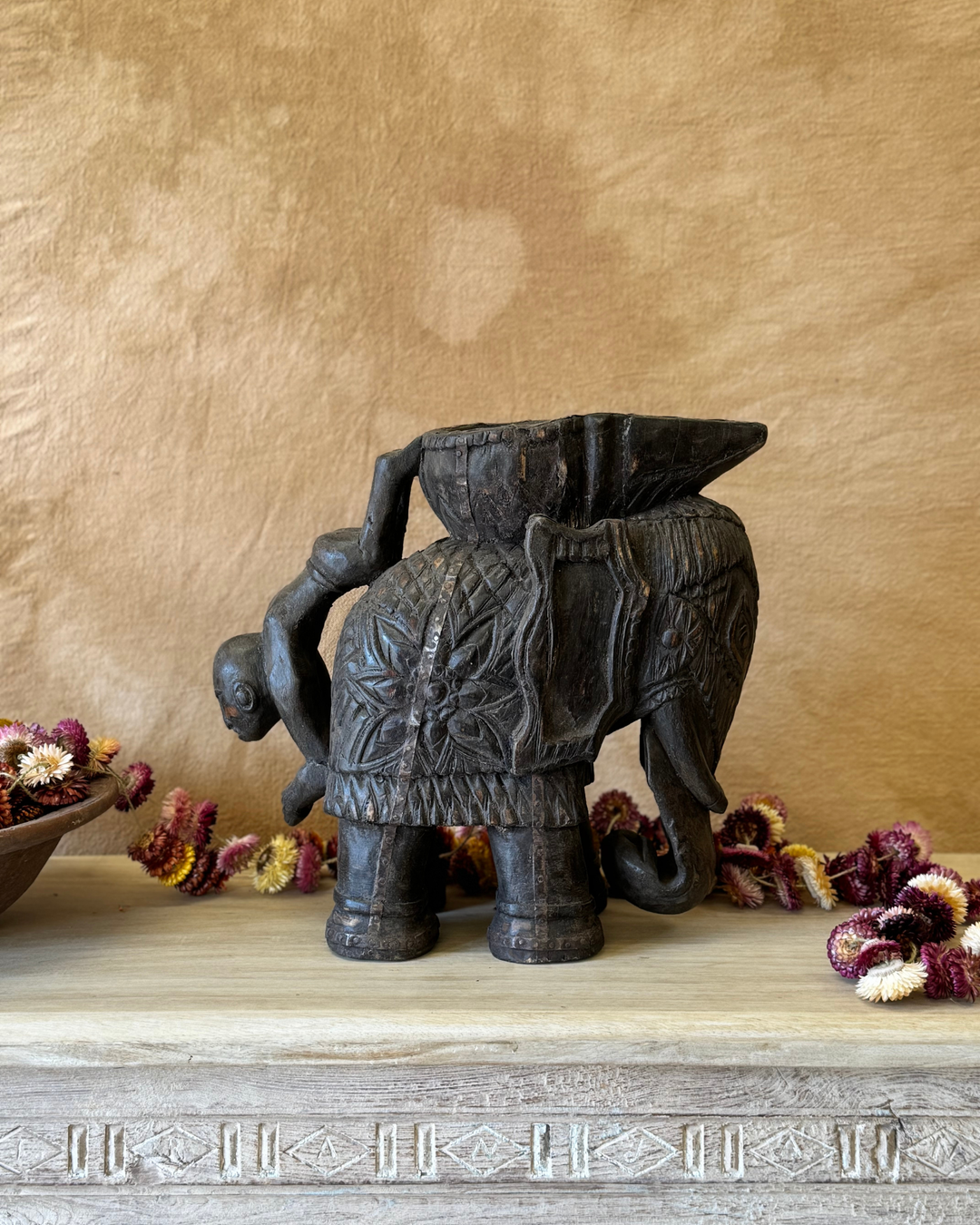Hand-Carved Vintage Elephant Planter – Dark Finish with Upside-Down Figure Handle