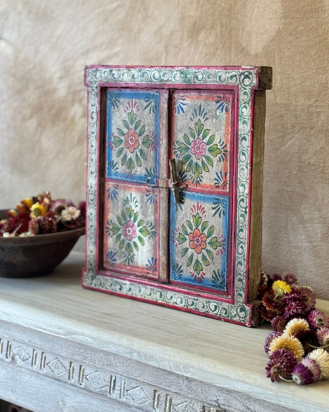 Hand-Painted Vintage Window Pane – Floral Motif on Reclaimed Hardwood