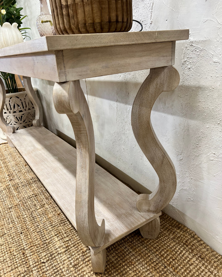 Hand-Carved Cream Mango Wood Console Table