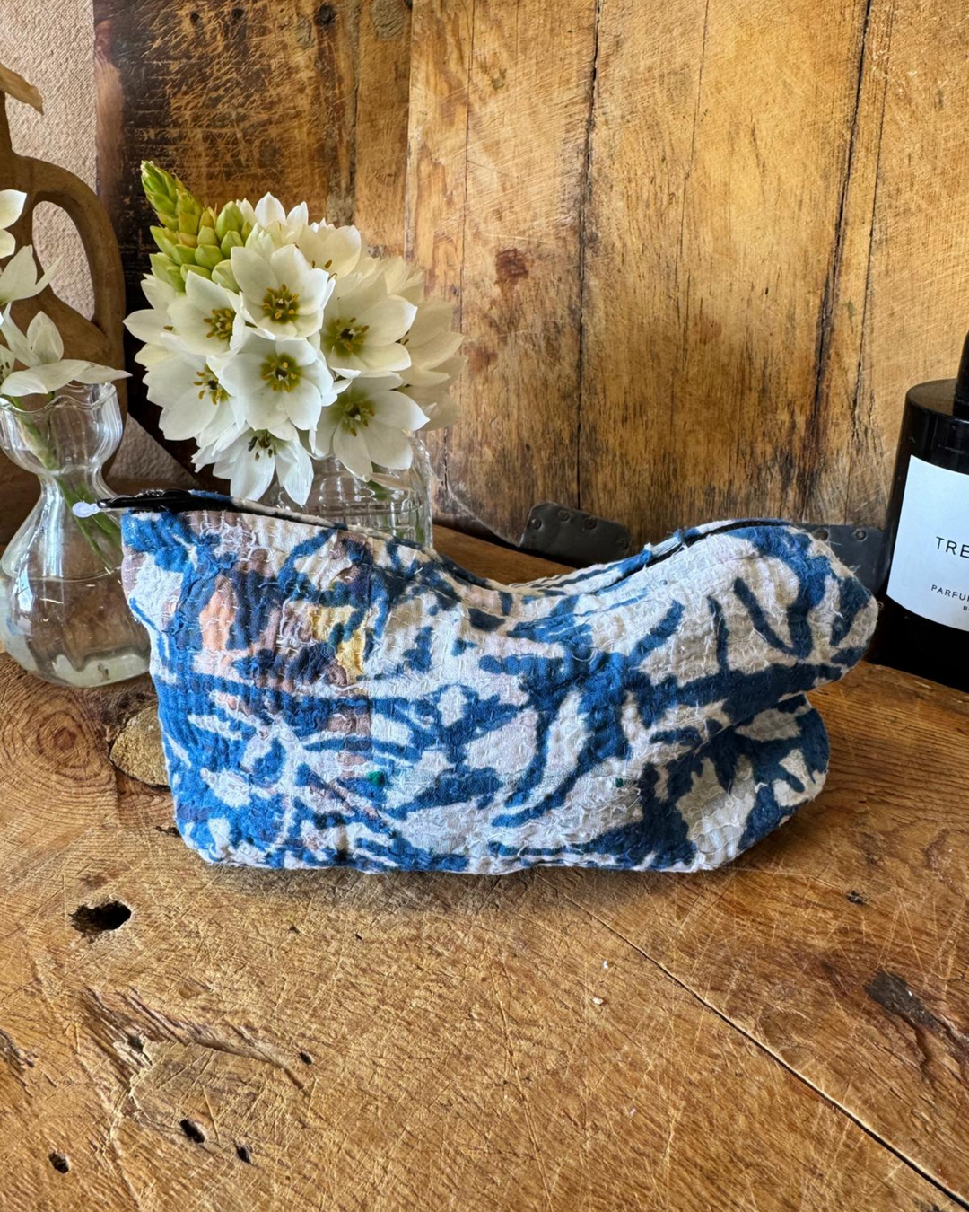 Small Wash Bag – Indigo Leaf Print on Cream Sari